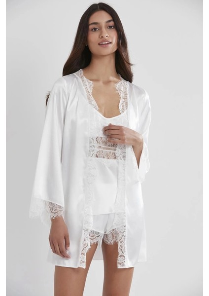 Saten Dantelli 3'lü Şort Kombi Sabahlık Takımı 2490 - Ekru fiyatları