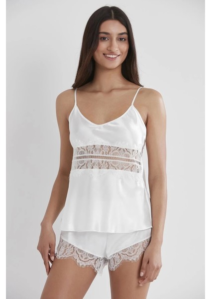 Saten Dantelli 3'lü Şort Kombi Sabahlık Takımı 2490 - Ekru fırsatları