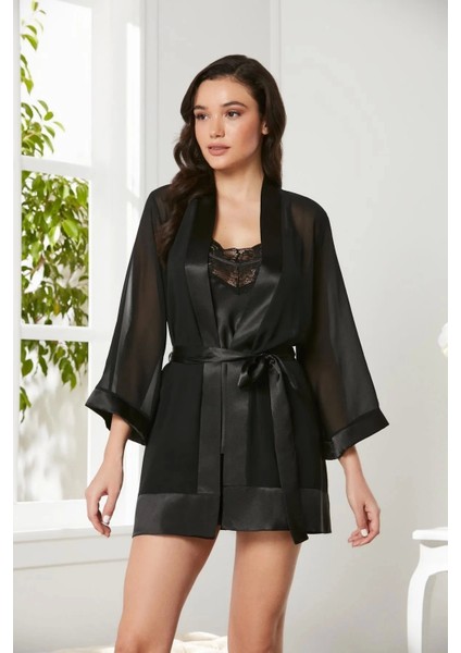 3'lü Saten Gecelik ve Şifon Sabahlık Takımı 2475 - Siyah