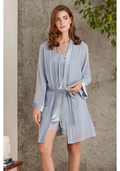 Dantelli Kadife Tulum Gecelik Sabahlık Takım 4800 - Mist