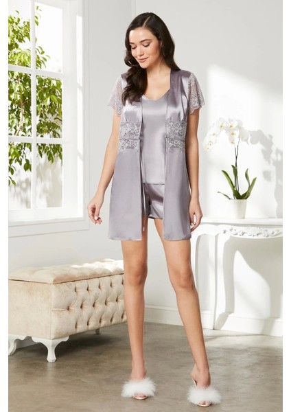 Saten Dantelli 3'lü Şort Kombi Sabahlık Takımı 2480 - Royal fiyatları
