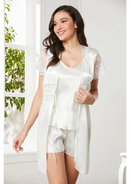 Saten Dantelli 3'lü Şort Kombi Sabahlık Takımı 2480 - Ekru