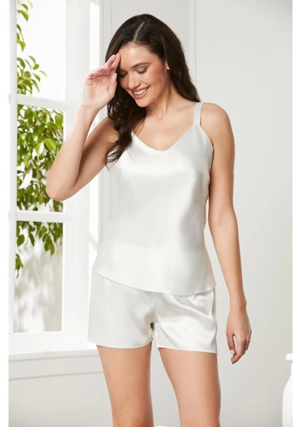 Saten Dantelli 3'lü Şort Kombi Sabahlık Takımı 2480 - Ekru fırsatları