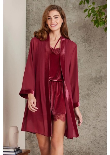 Dantelli Kadife Tulum Gecelik Sabahlık Takım 4800 - Bordo