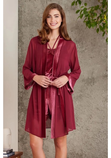 Dantelli Kadife Tulum Gecelik Sabahlık Takım 4800 - Bordo fiyatları