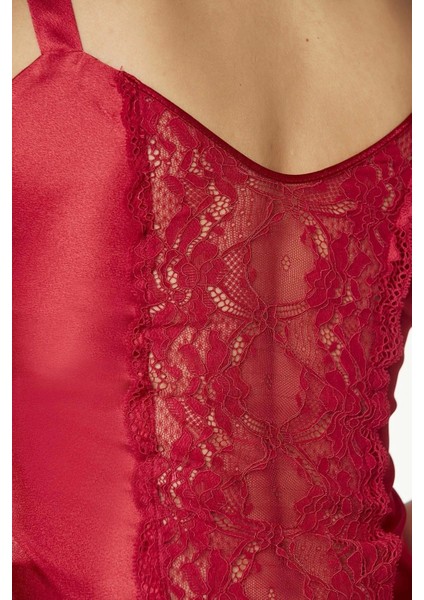 Saten Dantelli 3'lü Şort Kombi Sabahlık Takımı 2480 - Kırmızı indirimleri