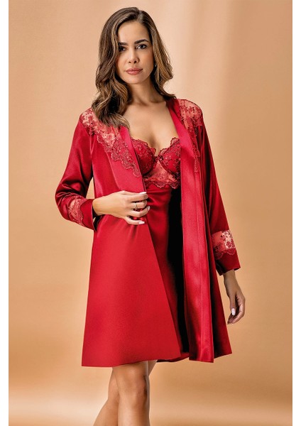 Kaplı Saten Bordo Kimono Takım 5384