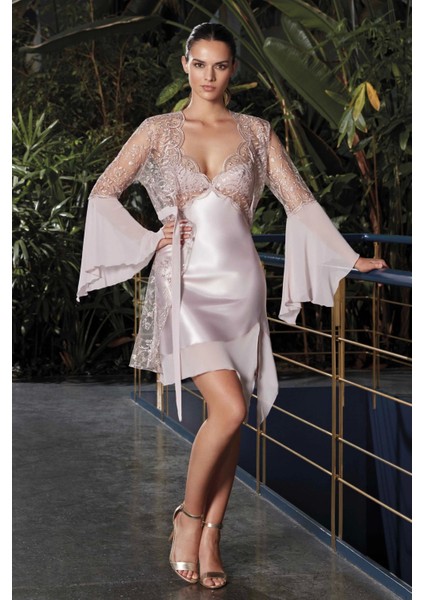 Saten Dantel Detaylı Pudra Kimono Takım 5373