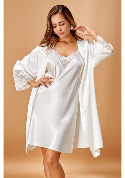 Saten Ekru Kimono Takım 5336