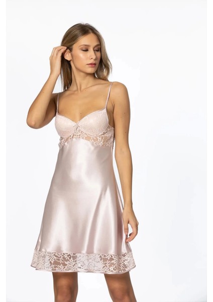Saten Dantelli Gecelik ve Sabahlık Takımı 4075 - Pudra modelleri
