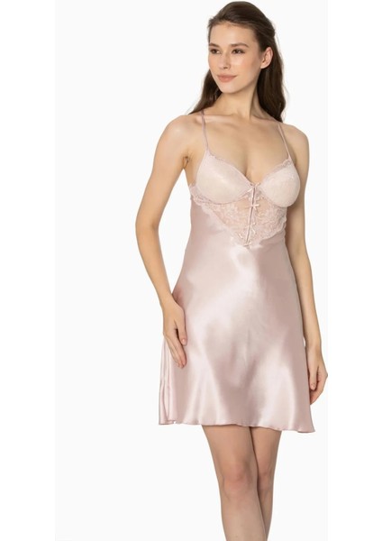 Saten Dantelli Gecelik ve Sabahlık Takımı 4300 - Pudra fiyatları