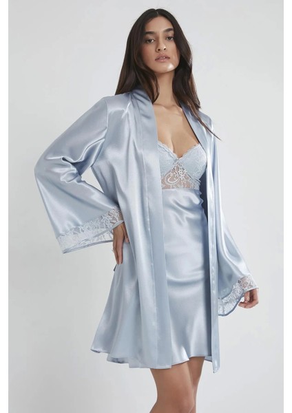 Saten Dantelli Gecelik ve Sabahlık Takımı 4090 - Mist
