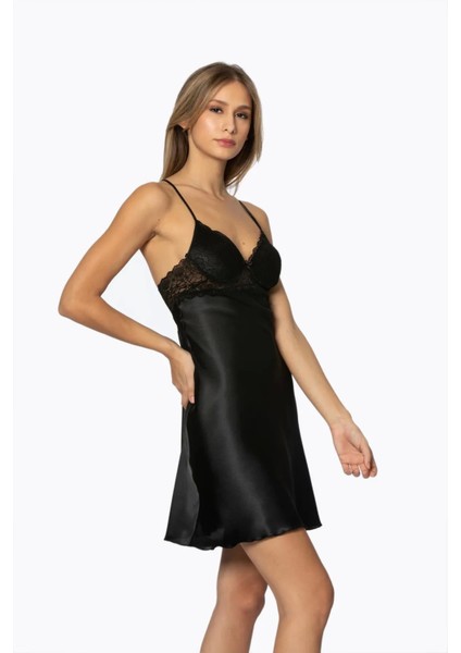 Saten Dantelli Gecelik ve Sabahlık Takımı 4285 - Siyah modelleri