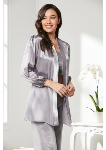 Kadife Saten 3'lü Kadın Crop'lu Pijama Takımı 2050 - Royal