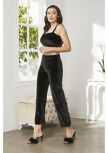 Kadife Saten 3'lü Kadın Crop'lu Pijama Takımı 2050 - Siyah indirimleri