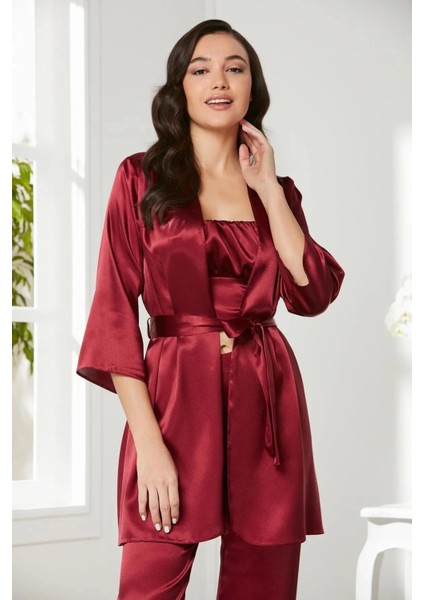 Saten 3'lü Crop'lu Kadın Pijama Takımı 2075 - Bordo