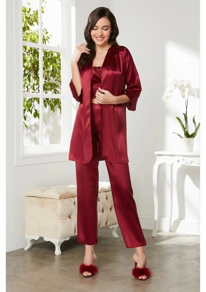Saten 3'lü Crop'lu Kadın Pijama Takımı 2075 - Bordo fiyatları