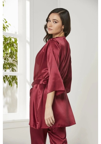 Saten 3'lü Crop'lu Kadın Pijama Takımı 2075 - Bordo modelleri