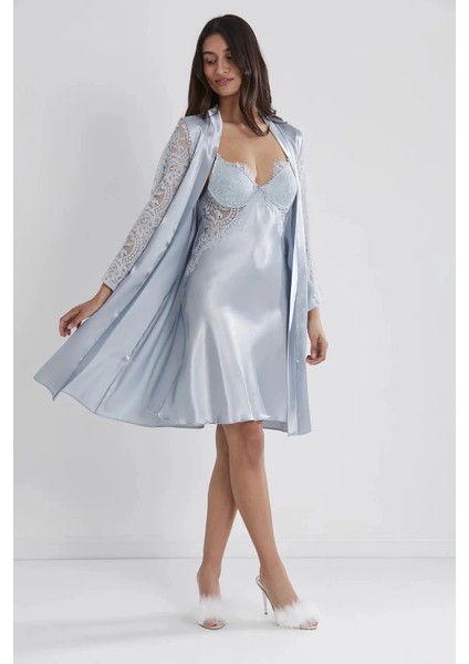 Saten Dantelli Gecelik ve Sabahlık Takımı 4025 - Mist