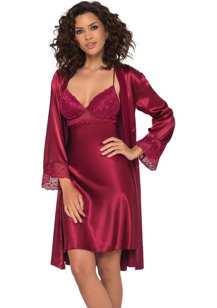 Saten Dantelli Gecelik ve Sabahlık Takımı 4285 - Bordo