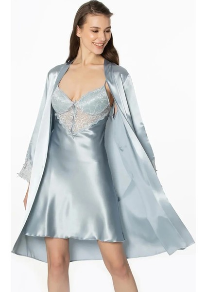 Saten Dantelli Gecelik ve Sabahlık Takımı 4300 - Mist