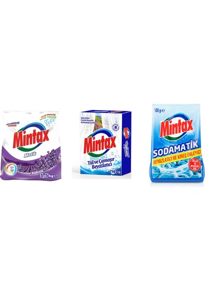 Konsantre Matik Lavanta Bahçesi 1.5 kg + Mintax Tül ve Çamaşır Beyazlatıcı 750 gr + Mintax Sodamatik