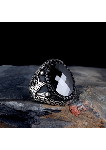 Oval Zirkon Taşlı Tuğra Model 925 Ayar Gümüş Yüzük