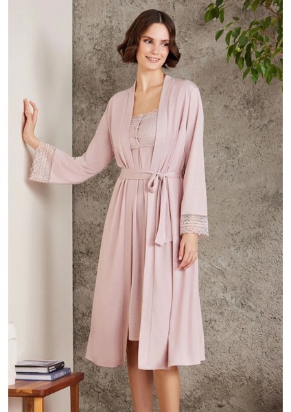 Penye Dantelli Gecelik ve Sabahlık Takımı 4005 - Pudra