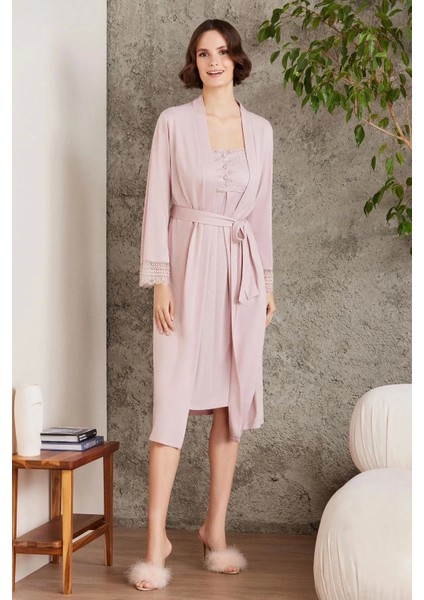 Penye Dantelli Gecelik ve Sabahlık Takımı 4005 - Pudra fiyatları