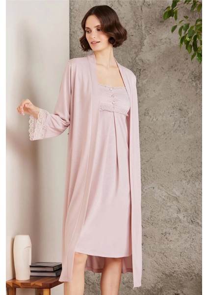 Penye Dantelli Gecelik ve Sabahlık Takımı 4005 - Pudra modelleri