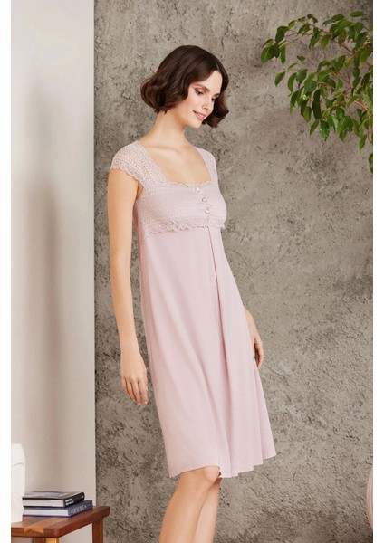 Penye Dantelli Gecelik ve Sabahlık Takımı 4005 - Pudra fırsatları