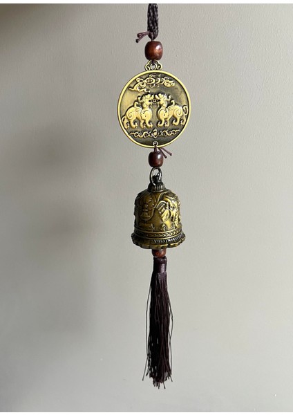 Feng Shui Bereket ve Şans Askılı Antik Görünümlü Zil Dekor - Çift Kanatlı Aslanlar