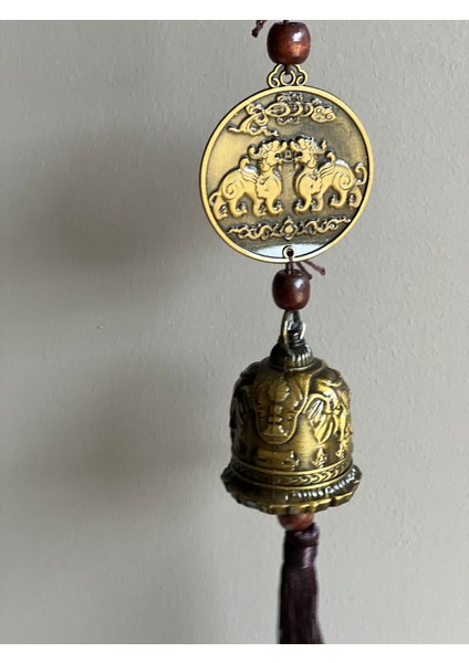 Feng Shui Bereket ve Şans Askılı Antik Görünümlü Zil Dekor - Çift Kanatlı Aslanlar