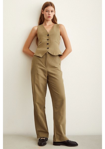 Yüksek Bel Keten Pantolon Haki