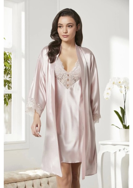 Saten Dantelli Gecelik ve Sabahlık Takımı 4280 - Pudra fiyatları