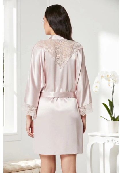 Saten Dantelli Gecelik ve Sabahlık Takımı 4280 - Pudra modelleri