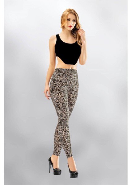 4059 Bayan Leopar Baskılı Tayt -Siyah - L-Xl