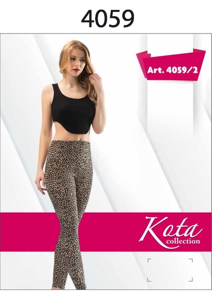 4059 Bayan Leopar Baskılı Tayt -Siyah - L-Xl
