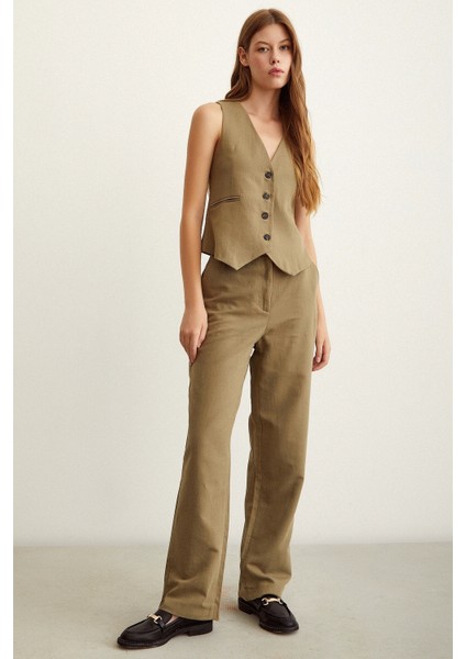 Yüksek Bel Keten Pantolon Haki fiyatları