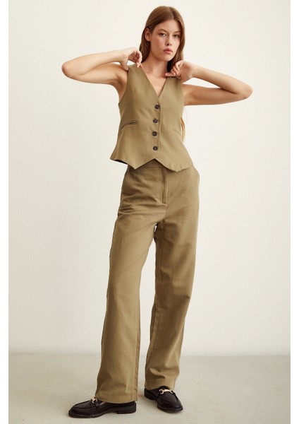 Yüksek Bel Keten Pantolon Haki modelleri