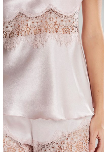 Saten Dantelli Şort Babydoll Takım 435 - Pudra