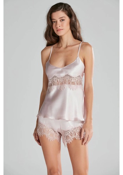 Saten Dantelli Şort Babydoll Takım 435 - Pudra fiyatları