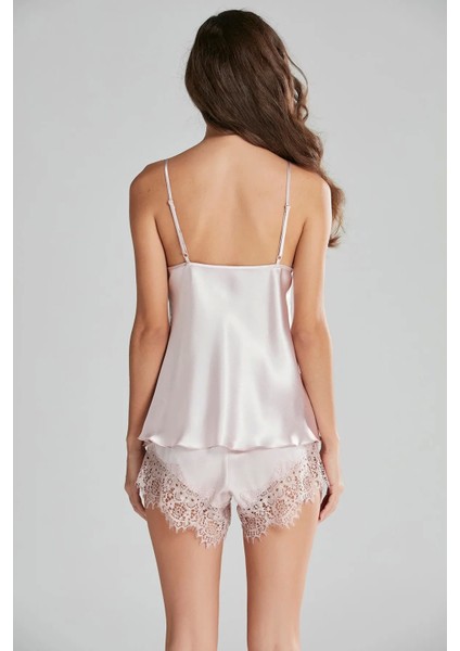 Saten Dantelli Şort Babydoll Takım 435 - Pudra modelleri