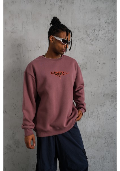 Erkek Oversize Bisiklet Yaka Baskılı Sweatshirt
