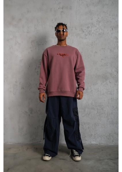 Erkek Oversize Bisiklet Yaka Baskılı Sweatshirt