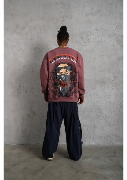 Erkek Oversize Bisiklet Yaka Baskılı Sweatshirt
