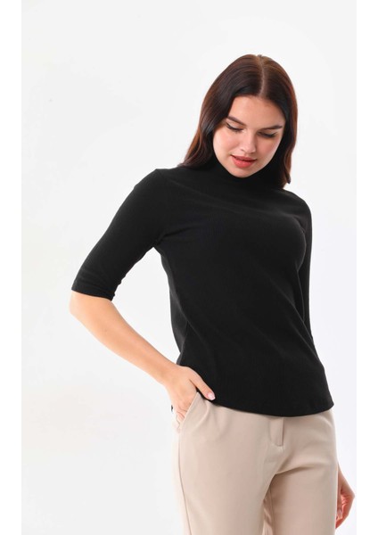 Kadın Yarım Kol Yarım Balıkçı Yaka Bluz 20623 Siyah modelleri