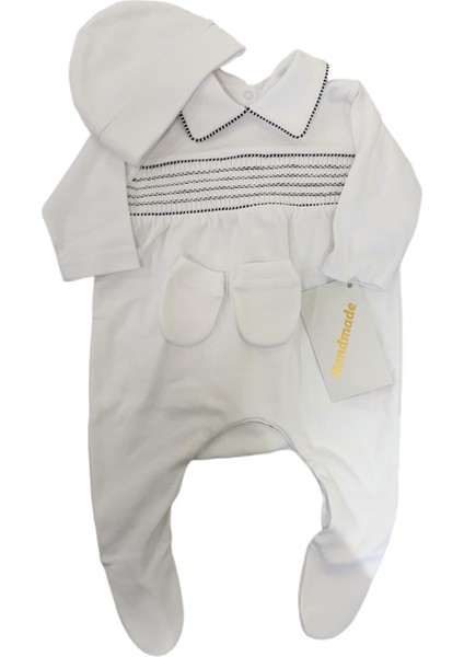 Medekids Plitingli Ayaklı Tulum (Şapka&Eldiven) Beyaz & Siyah 0-3 Ay