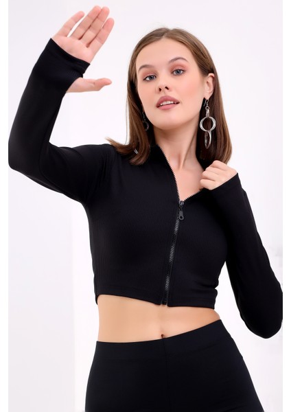 Kadın Fermuarlı ve Parmak Geçirmeli Crop Bluz Fitilli Elestan Kumaş