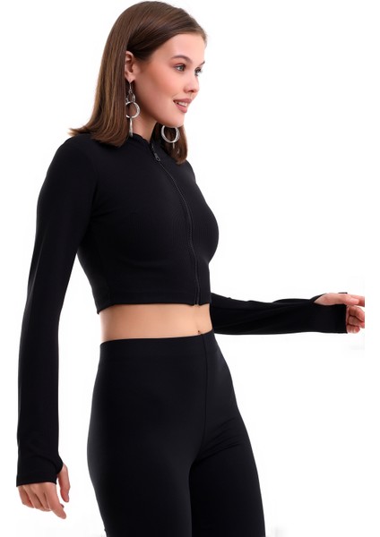 Kadın Fermuarlı ve Parmak Geçirmeli Crop Bluz Fitilli Elestan Kumaş modelleri